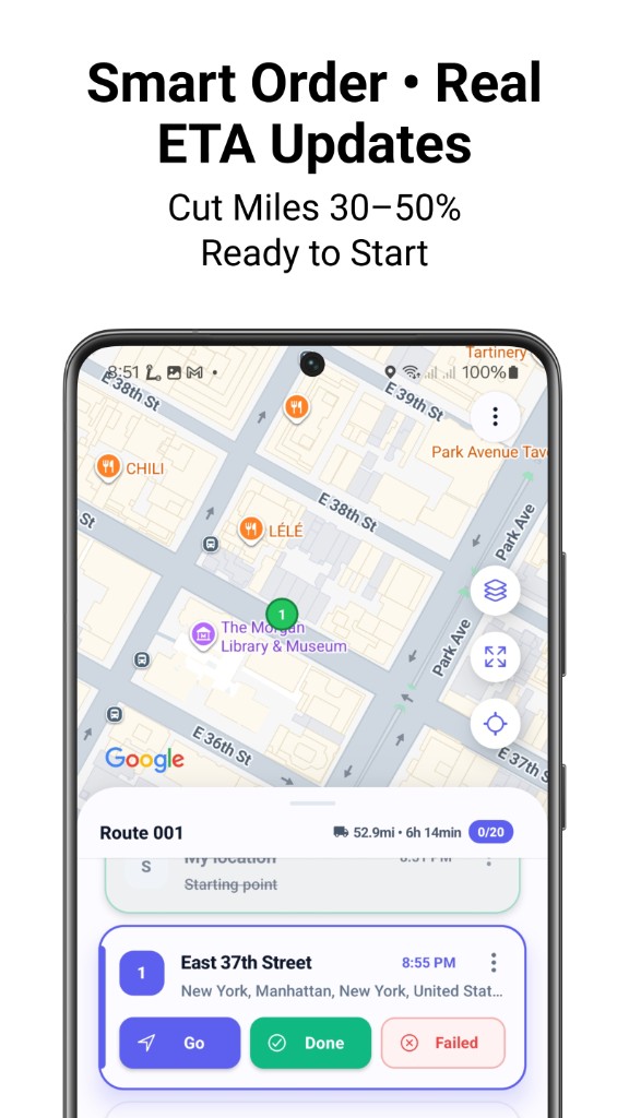 Optimized route with stop ETAs — multi-stop delivery app