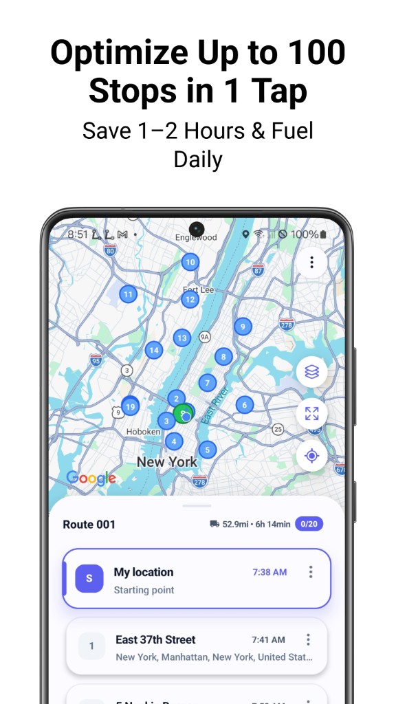 Courier Route Planner app: optimized multi-stop delivery route on map with numbered stops